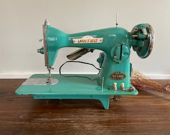 Máquina de coser turquesa vintage, máquina de coser retro de servicio pesado United 101, decoración de la sala de costura, máquina de coleccionista artesanal