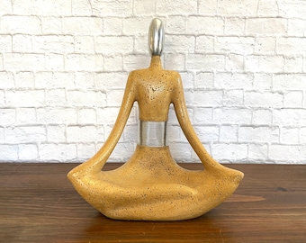 Large Vintage Concrete and Metal Yoga Man Sculpture, Lotus Pose Meditating Statue, Mixed Media Yoga Statue, MCM Yogi Hygge Decor