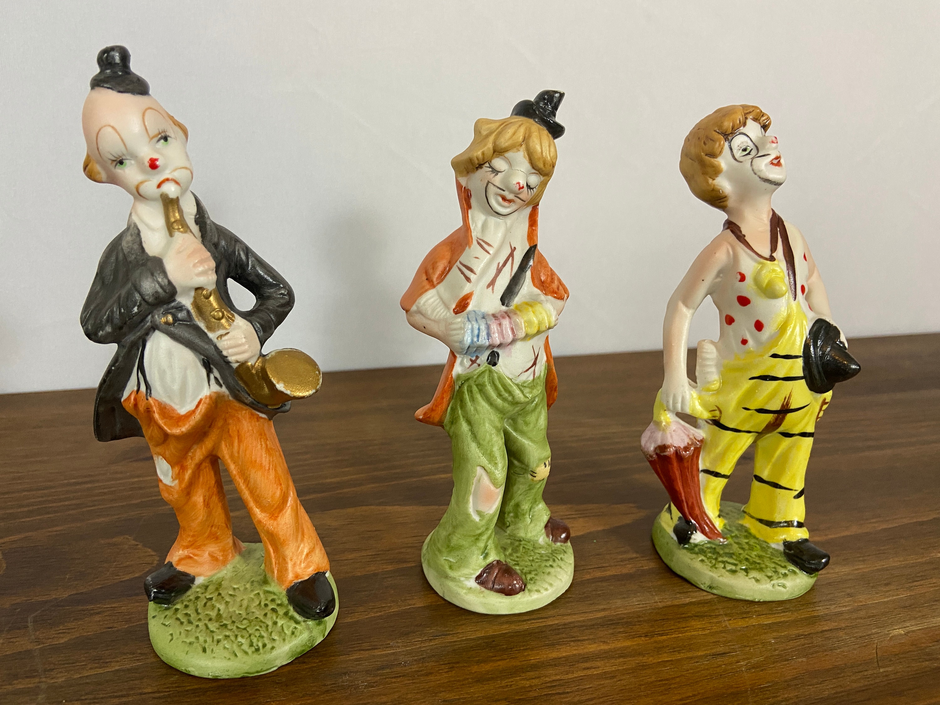 Vintage Musical Hobo Clown Trio, Set of 3 Ceramic Clowns, Vintage