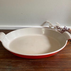 Vintage Andre Cousances Le Creuset Cast Iron Ceramic Oval Gratin Dishes Volcano Orange, Retro MCM Kitchen, Housewarming Wedding Gift, 32cm