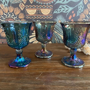 Vintage Set Of 3 Vintage Indiana Harvest Grape Blue Carnival Glass Goblets, 5.25&quot;T x 3.5&quot;W, Blue Iridescent Glass