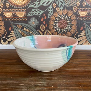 Handmade Ocean Seashell Motif Pastel Deep Serving Bowl, Marbled Pottery Bowl, Stoneware Table Setting, Wave Pattern, 9.25&quot; Fruit Bowl