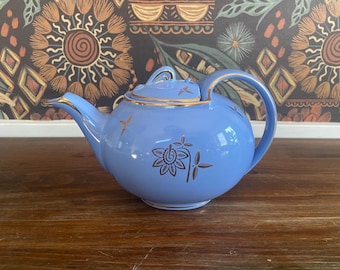 Vintage Hall 6 Cup Hook Cover Teapot in Cadet Blue w/ Gold Painted Accents, 1940's Hall Pottery Teapot Blue 0749, Art Deco Serving / Dining
