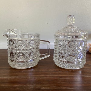 Vintage Federal Glass Windsor Cane and Button Pattern Lidded Sugar and Creamer Clear Glass Set, Coffee Tea Time, Thanksgiving Table Setting
