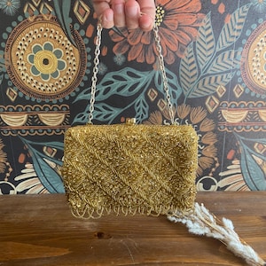 Vintage Unbranded Metallic Golden Heavily Beaded Sequins Evening Cocktail Purse, Wedding Handbag Accessory, Chunky Beaded Convertible Clutch