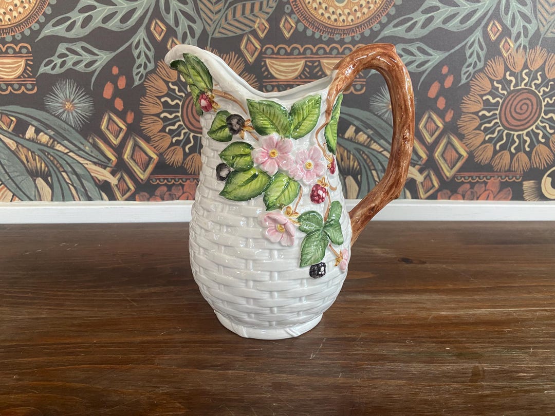Vintage Raspberry Ceramic Pitcher Vintage Shafford Basketweave Berry Time Pitcher With Raspberries and ...