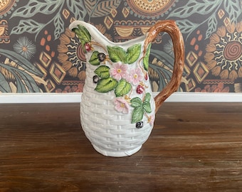 Vintage Shafford Basketweave Berry Time Pitcher With Raspberries
