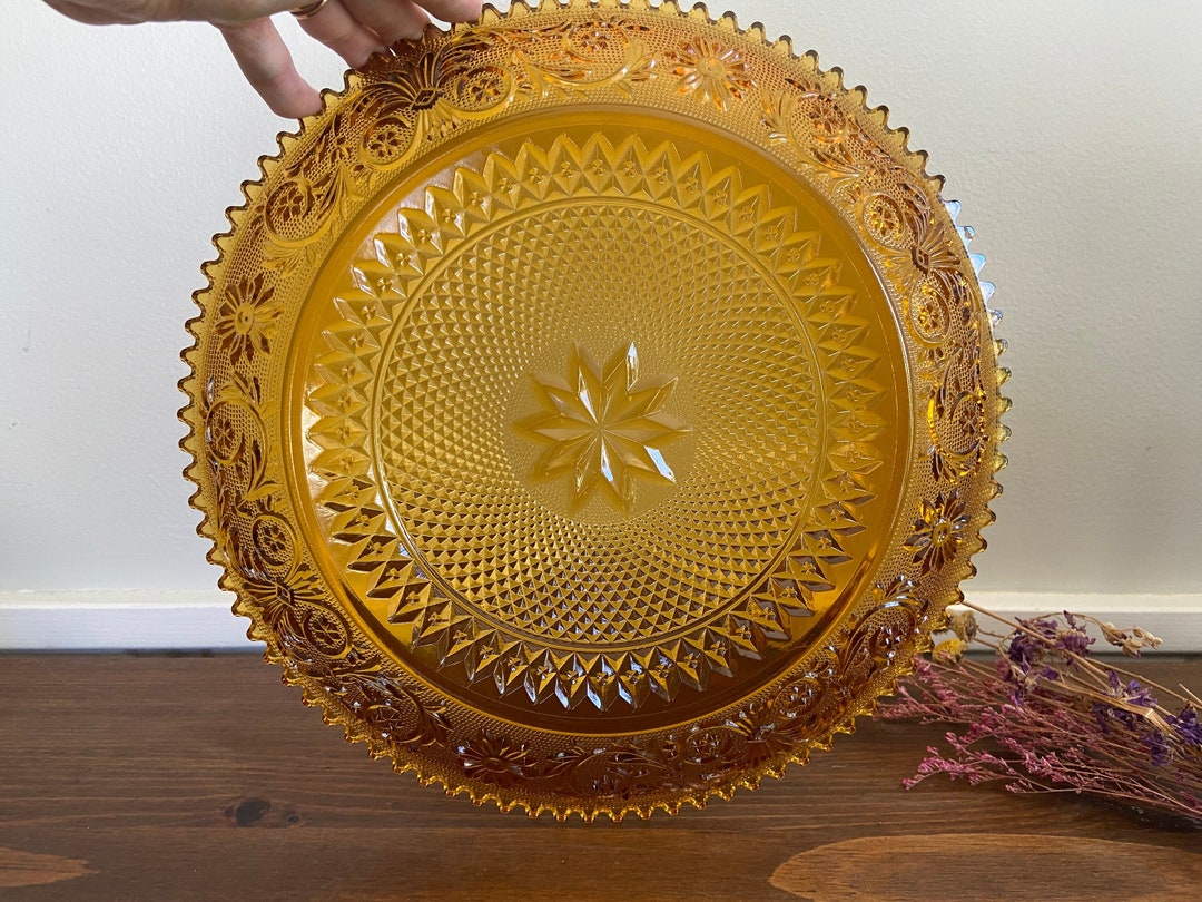Vintage Tiara Amber Glass Serving Platter Plate Sandwich Pattern