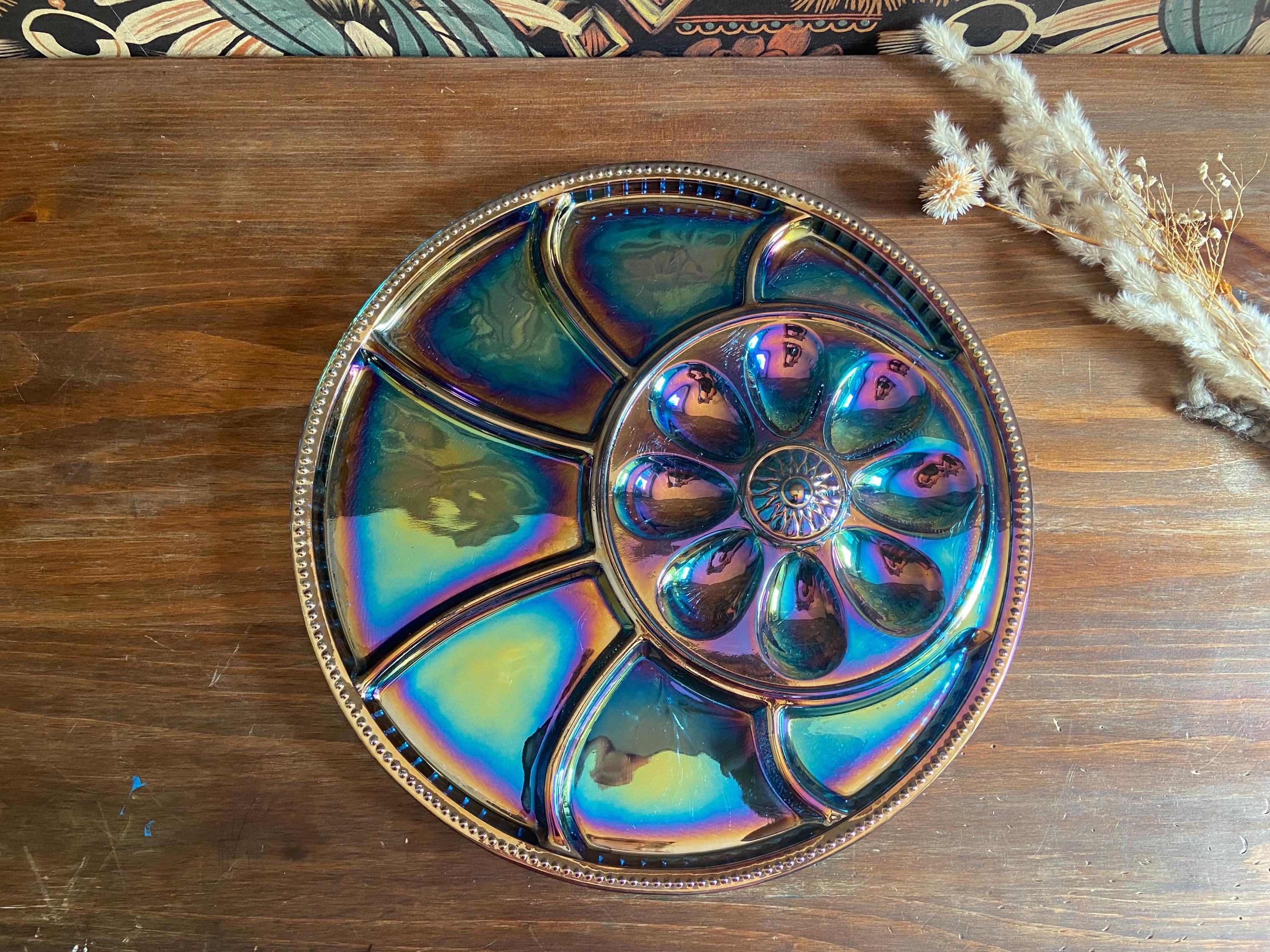 Vintage Indiana Glass Peacock Blue Deviled Egg and Relish Tray