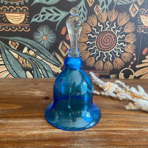 Vintage Pilgrim Art Glass West Virginia Blue and Clear Oversized Large Bell, Dinner Bell, Grandmillenial Decor