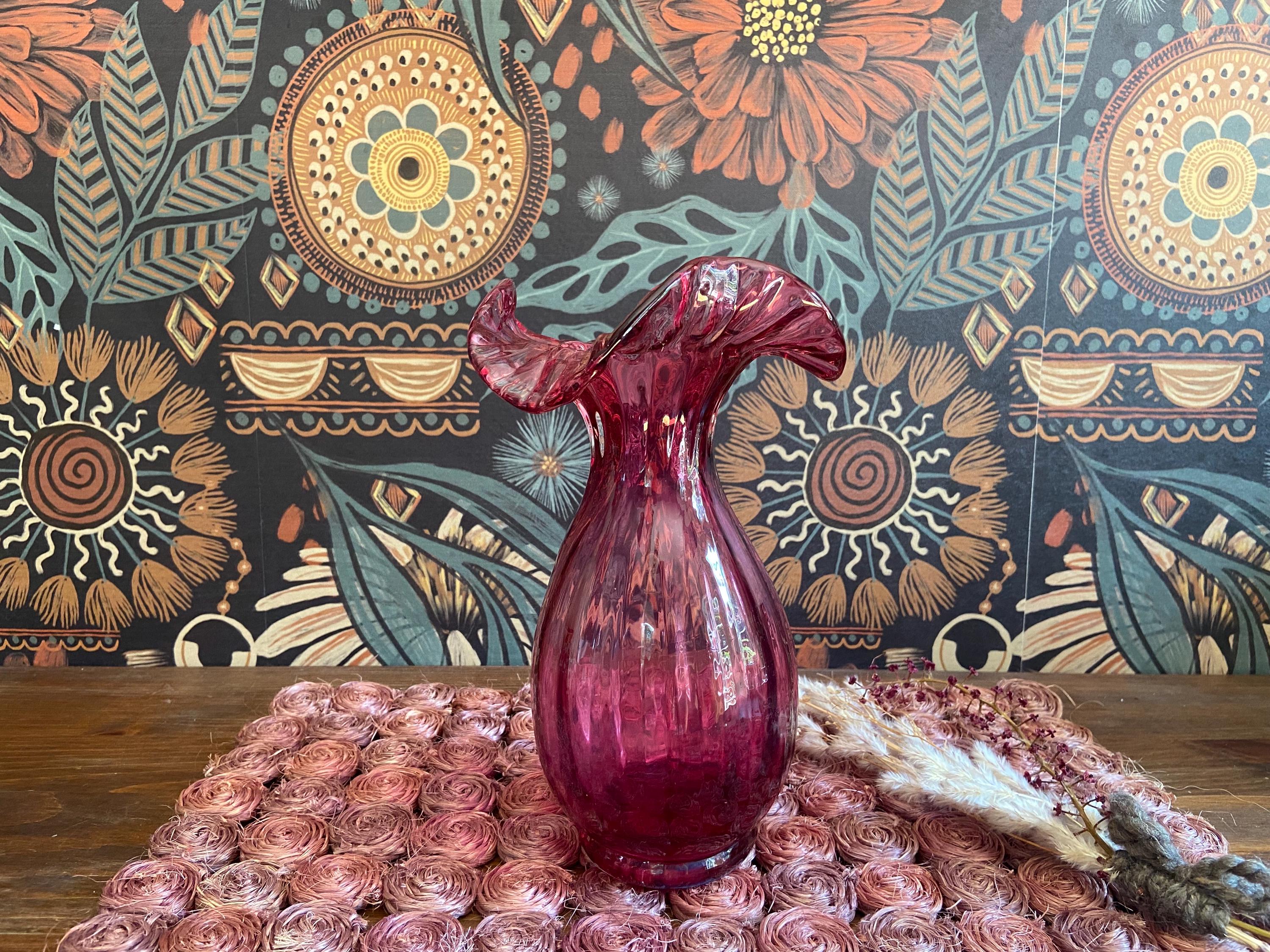 Vintage Fenton Style Cranberry Pink Ruffled Crimped Edges