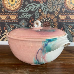 Handmade Marbled Ocean Motif Pastel Ceramic Dutch Oven, Lidded Deep Casserole Bakeware, Stoneware, Beachy Ceramic Casserole Shower Gift