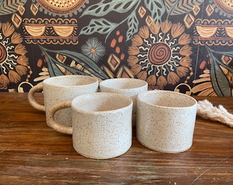 Set of 4 Vintage Creamy Beige Oatmeal Mugs with Brown Speckles, Little Stout Mug with Chubby Handle, One of a Kind Studio Art Pottery
