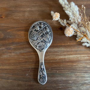 Vintage Pewter Hand-Held Mirror with Roses and Lattice, Silver Colored Mirror, Vanity Hand Mirror, Elaborate Silverplate Mirror