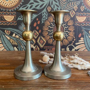 Pair of Vintage Pewter Candlestick Holders with Brass Center Ball Accent, Candelabra Set, Entry Dining Table, MCM Minimalist Table