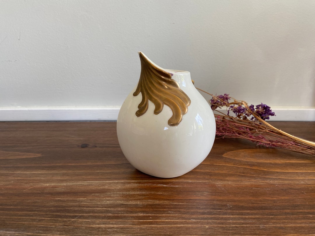 Vintage Gold and White Pottery Vase, Handleless Pitcher, Farmhouse