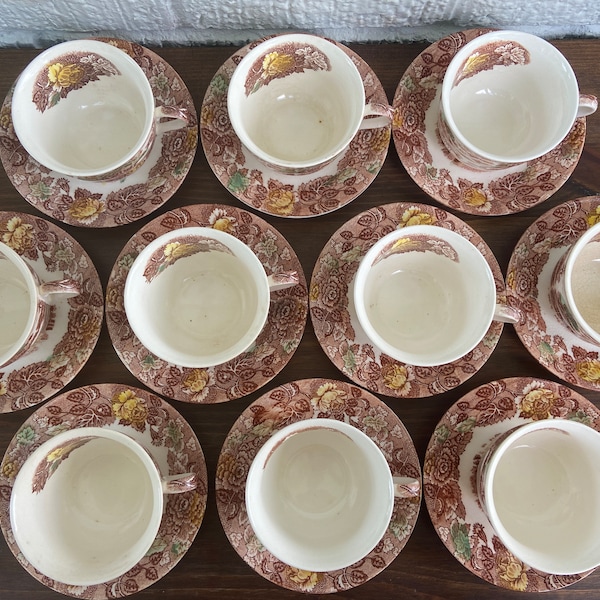 Vintage Set of 10 Nasco Mountain Wood-Land Decorative Tea Cups and Saucers, Vintage Tea Set, Brown, Fall, Autumn, Thanksgiving Coffee Dishes