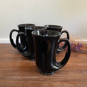 Vintage Set of 4 Black Amethyst Tiara Glass Horned Shaped Mugs, Indiana Glass Black Tankard Mugs, Irish Coffee Mugs, Horn Insturment Lover
