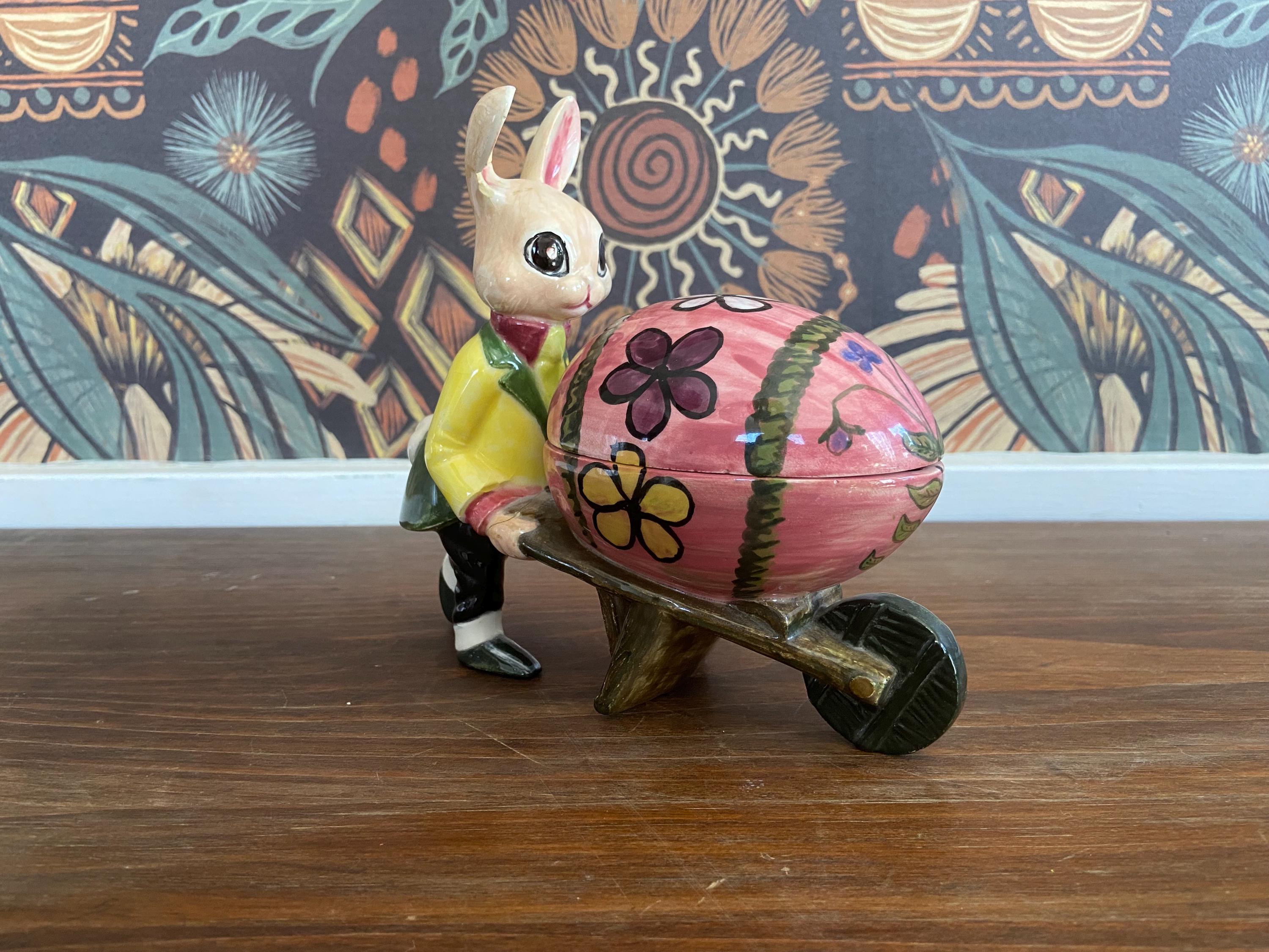 Vintage Anthropomorphic Bunny Pushing Large Egg Wheelbarrow, Ceramic Spring Decorated Easter Egg, Seasonal Trinket Dish, Kitschy Rabbit