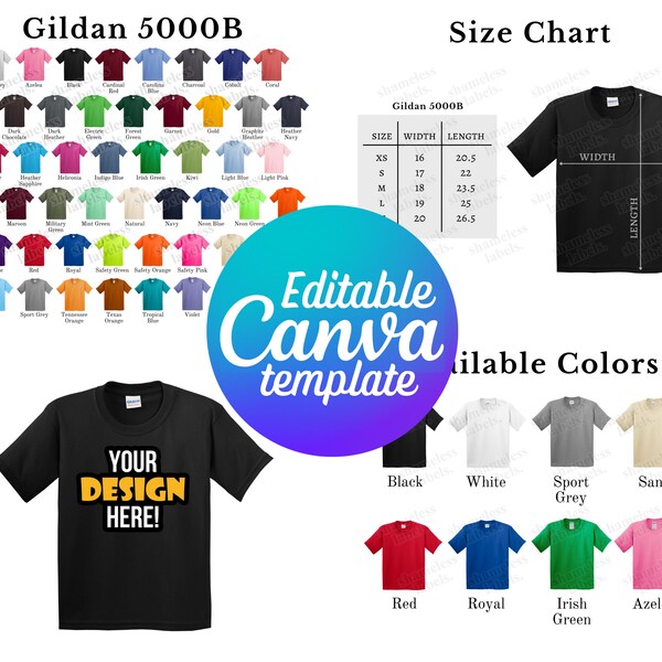 Editable Gildan 5000B Color Chart & Size Chart, Canva Template, G500B Color Chart Template, 5000B Size Chart, Mockup Bundle