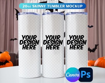Halloween-mockup för tumbler: 20oz smal tumbler, Canva och Photoshop-mall