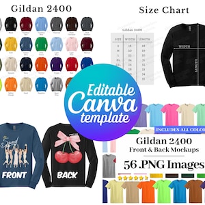 Gildan 2400 Color Chart & Size Chart, Editable Canva Template, 2400 Front and Back Mockups, G240 Flat Lay Mockup, Seller&#39;s Bundle