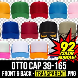 May include: A collection of Otto Cap 39-165 trucker hats in various colors, including yellow, green, red, blue, and pink. The image also features text that reads "92 COLOR BUNDLE!" and "OTTO CAP 39-165 FRONT & BACK - TRANSPARENT .PNG."