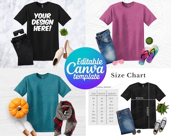 Bearbeitbares Gildan 64000 Mockup, Canva Vorlage, G64000 Mockup-Vorlage, G640 Größentabelle, Gildan Mockup Bundle