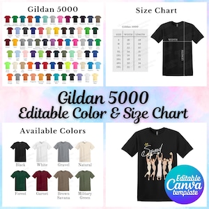 Gildan 5000 Size Chart & Color Chart, Editable Canva Template, G500 Size Chart, G500 Color Chart, Gildan 5000 Bundle