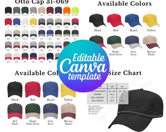 Editable Otto Cap 31-069 Color Chart & Size Chart, Hat Canva Template, 31-069 Color Chart Template, Otto Cap Size Chart, Hat Mockup Bundle