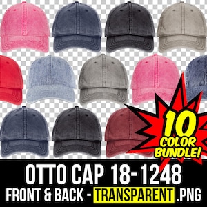 May include: A set of 10 blank, adjustable, cotton twill baseball caps in various colors. The caps are shown in a front and back view. The text "10 Color Bundle!" is displayed in a yellow starburst.