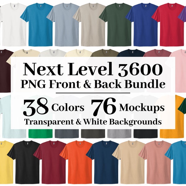 Paquete de maquetas PNG de siguiente nivel 3600, fondos transparentes + blancos, alta resolución de 38 colores, maquetas de camisetas de siguiente nivel 3600