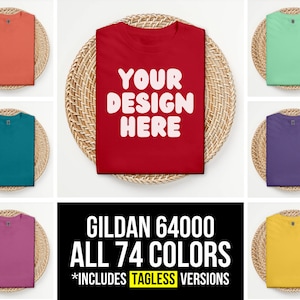 Vikt Gildan 64000 mockup-paket, vikt t-shirt mockup-paket, alla 74 färger, bohemiska flat lay t-shirt mockups, G640