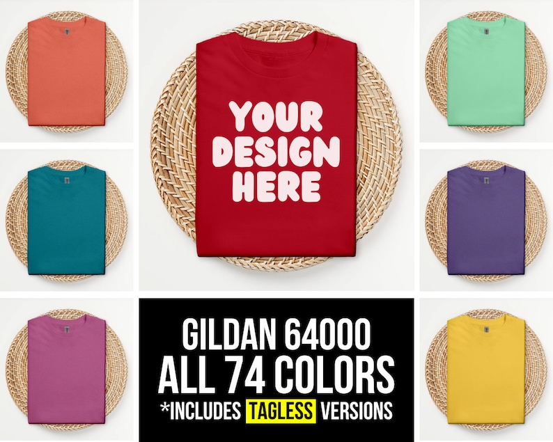 Op de afbeelding: Een mockup van een Gildan 64000 T-shirt in verschillende kleuren. De tekst "Your Design Here" is gedrukt op het rode shirt. De tekst "Gildan 64000 All 74 Colors *Includes Tagless Versions" wordt onder de shirts weergegeven.