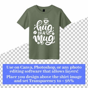 May include: A green t-shirt with a white graphic that says "hug in a mug" with a coffee cup icon above the text.