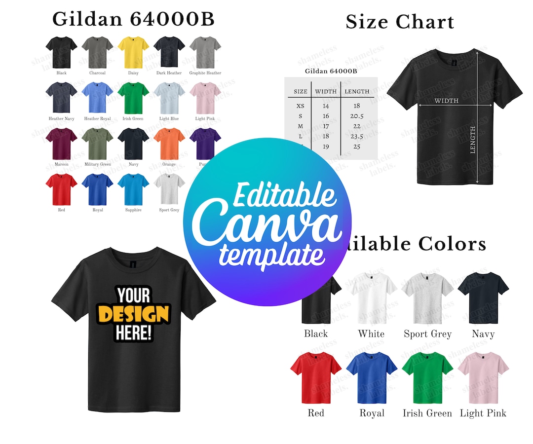Editable Gildan 64000B Color Chart & Size Chart, Canva Template, G640B ...