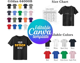 Editable Gildan 64000B Color Chart & Size Chart, Canva Template, G640B Color Chart Template, Gildan 64000B Size Chart, Mockup Bundle