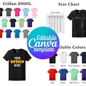 Tabla de colores y tabla de tallas editables de Gildan 2000L, plantilla Canva, maqueta de camiseta de mujer 2000L, maqueta de camiseta de mujer