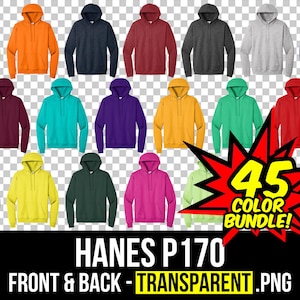 May include: 45 color bundle of Hanes P170 hoodies. The hoodies are shown in a variety of colors, including red, blue, green, yellow, and black. The hoodies are all front and back transparent PNG images.