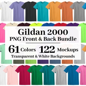Puede incluir: Una colección de 61 camisetas Gildan 2000 de diferentes colores. Las camisetas están dispuestas en filas y columnas, con cada color representado dos veces. La imagen incluye el texto "Gildan 2000", "PNG Front & Back Bundle", "61 Colors", "122 Mockups" y "Transparent & White Backgrounds".