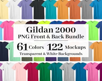 Gildan 2000 PNG Mockup Bundle, Transparent + White Backgrounds, All 61 Colors High Resolution, T-shirt Mockups G200