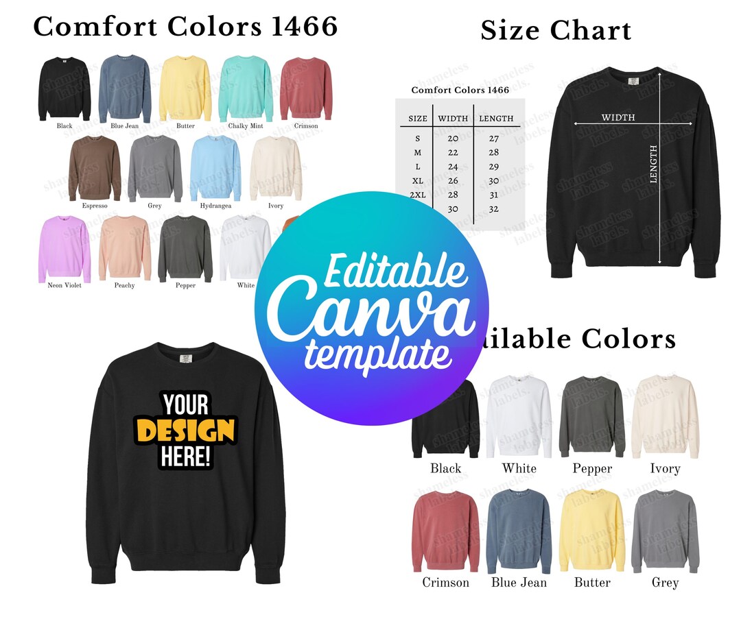 Editable Comfort Colors 1466 Color Chart & Size Chart, Canva Template ...