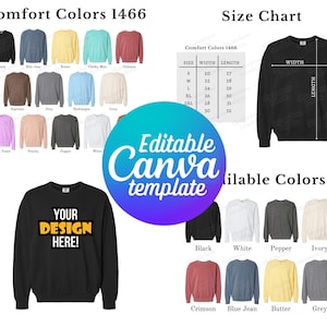 Editable Comfort Colors 1466 Color Chart & Size Chart, Canva Template, 1466CC Color Chart Template, 1466 Size Chart, Mockup Bundle