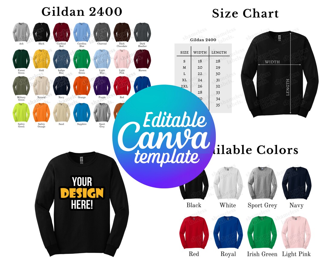 Editable Gildan 2400 Color Chart & Size Chart, Canva Template, G240 ...