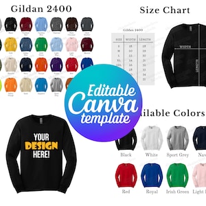 Tabla de colores y tabla de tallas Gildan 2400 editables, plantilla Canva, plantilla de tabla de colores G240, tabla de tallas 2400, paquete de maquetas