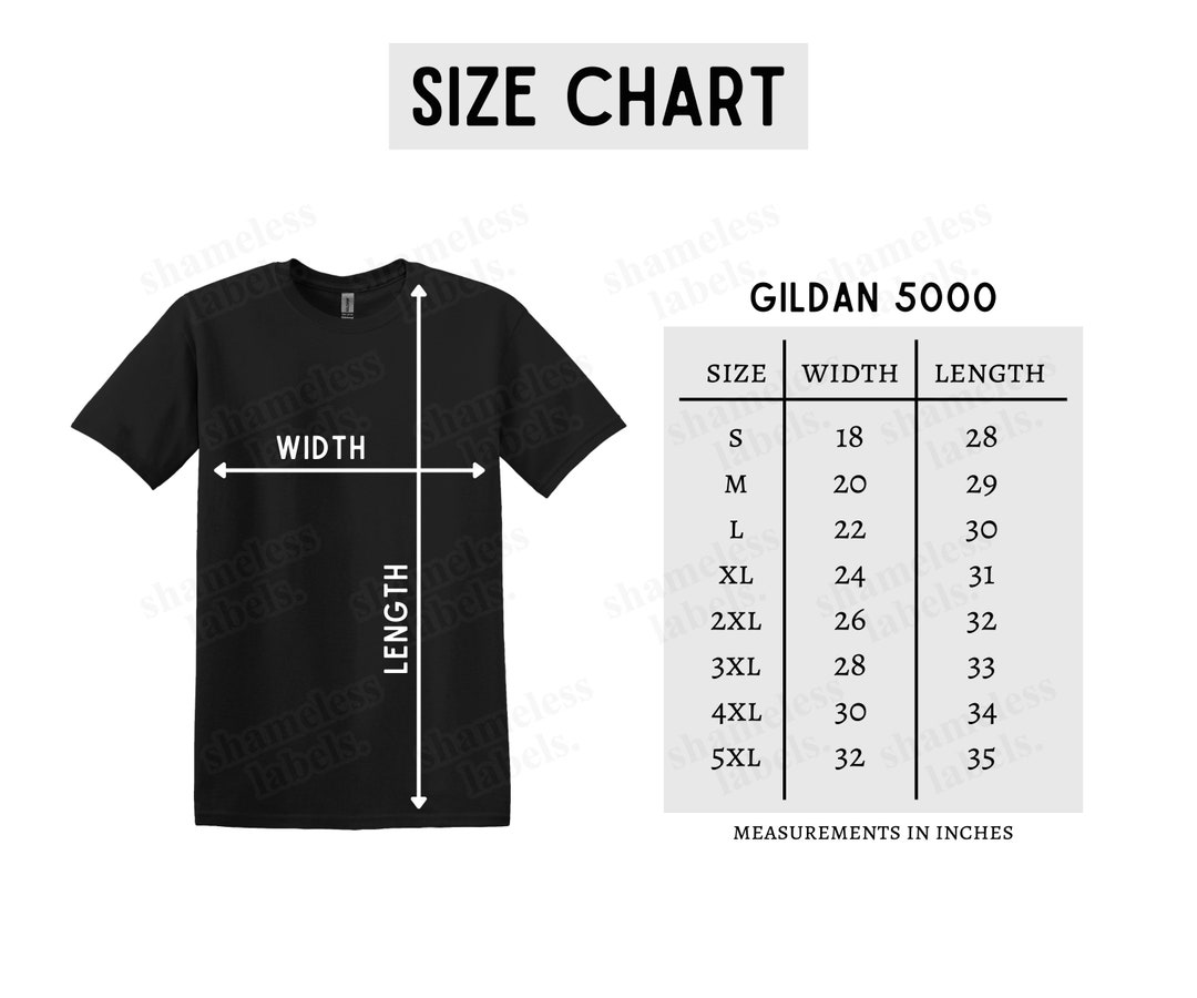 Gildan 5000 Size Chart, Black Cotton T-shirt Size Chart, 5000 Size ...