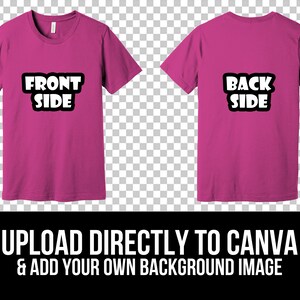 K&ouml;nnte beinhalten: Ein pinkfarbenes T-Shirt-Mockup mit dem Text "FRONT SIDE" auf der Vorderseite und "BACK SIDE" auf der R&uuml;ckseite. Der Text ist in einer schwarzen und wei&szlig;en Blasenschrift. Das T-Shirt befindet sich auf einem transparenten Hintergrund.