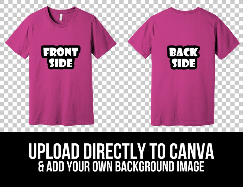 K&ouml;nnte beinhalten: Ein pinkfarbenes T-Shirt-Mockup mit dem Text "FRONT SIDE" auf der Vorderseite und "BACK SIDE" auf der R&uuml;ckseite. Der Text ist in einer schwarzen und wei&szlig;en Blasenschrift. Das T-Shirt befindet sich auf einem transparenten Hintergrund.