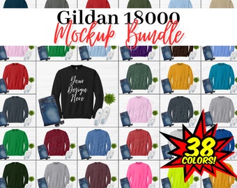 Gildan 18000 Mockup Bundle, Alle 38 Farben Hochauflösend, Sweatshirt Mockups G180