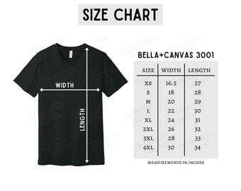 Bella Canvas 3001 Größentabelle, Schwarze Baumwolle T-Shirt Größentabelle, Größentabelle 3001 (einschließlich Unbranded-Version)